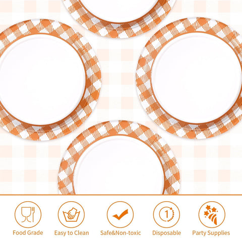 50 Pcs Orange White Gingham Party Paper Plates