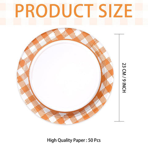 50 Pcs Orange White Gingham Party Paper Plates