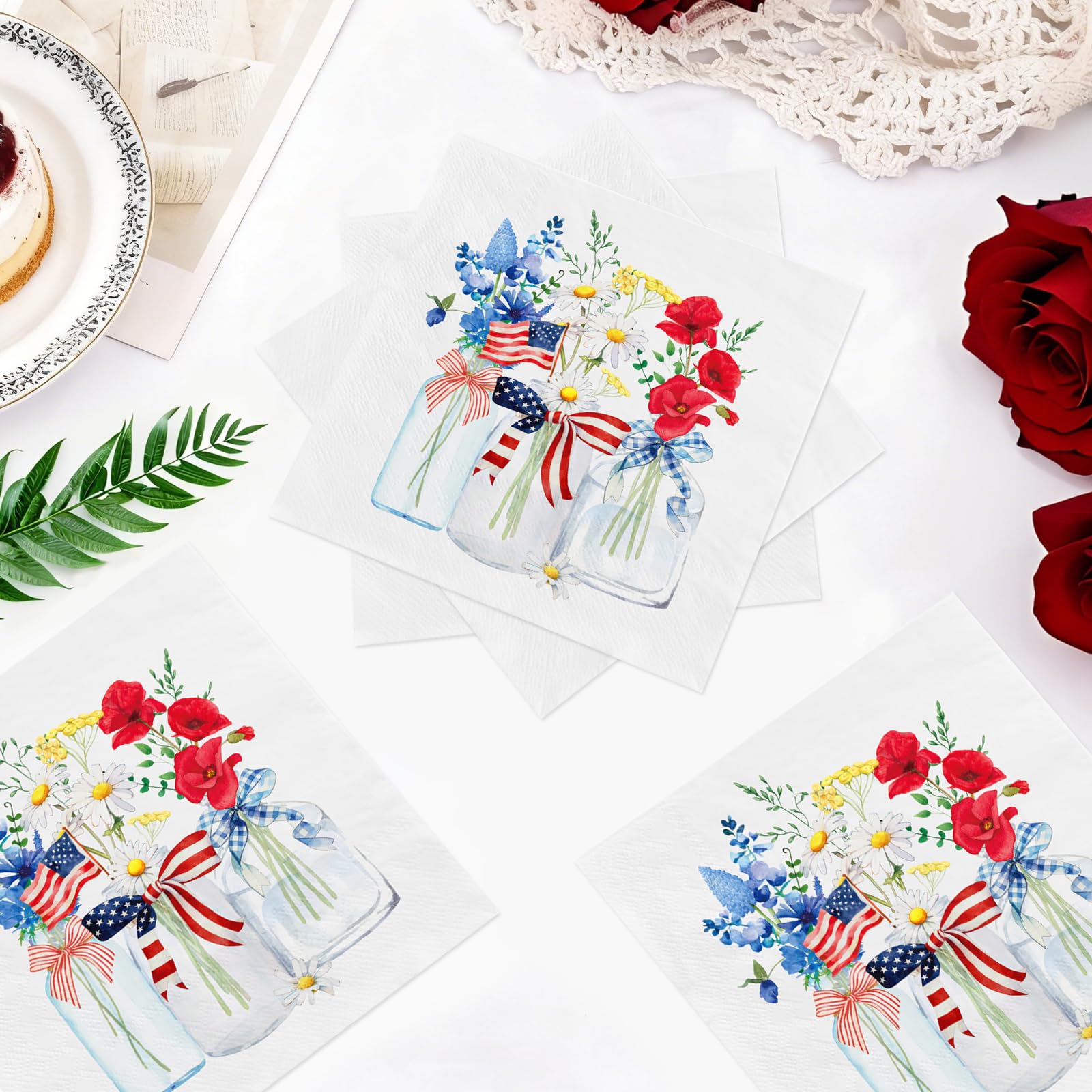 50 Pcs Patriotic Floral Square Party Napkins - Grencian