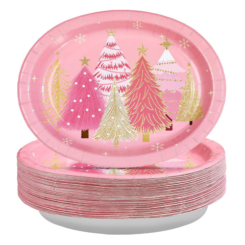 50 Pcs Pink Christmas Trees Oval Paper Plates - Grencian