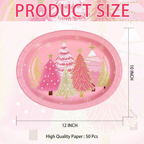 50 Pcs Pink Christmas Trees Oval Paper Plates - Grencian