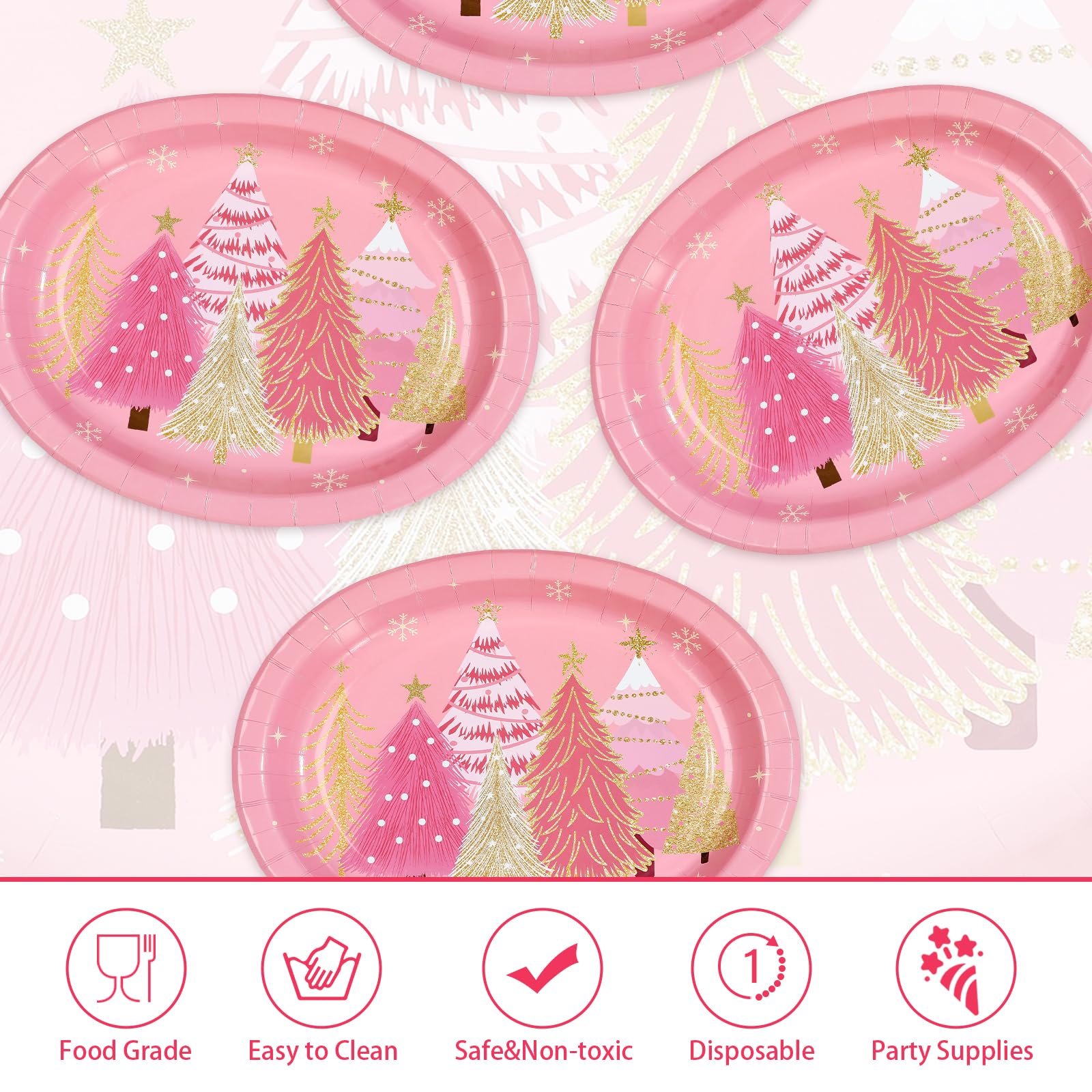 50 Pcs Pink Christmas Trees Oval Paper Plates - Grencian