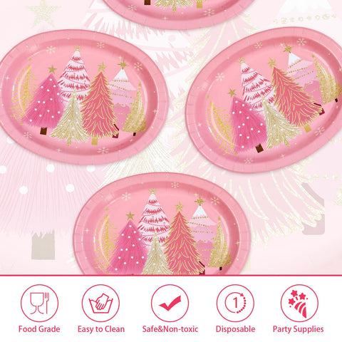 50 Pcs Pink Christmas Trees Oval Paper Plates - Grencian