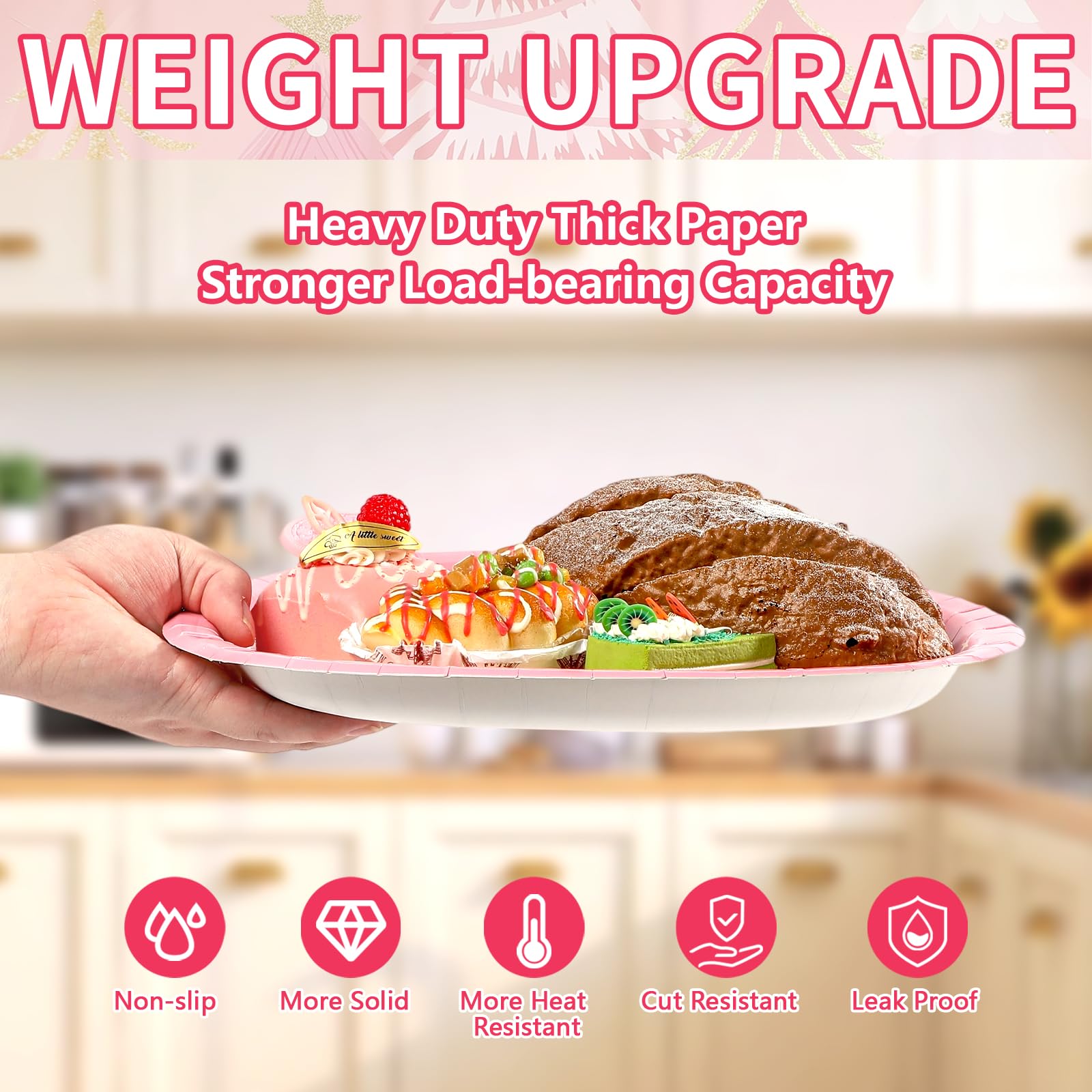 50 Pcs Pink Christmas Trees Oval Paper Plates - Grencian