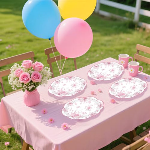 50Pcs Pink Floral Scalloped Oval Paper Plates - Grencian