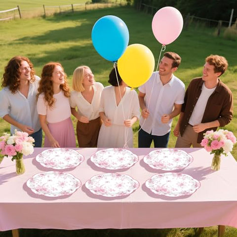 50Pcs Pink Floral Scalloped Oval Paper Plates - Grencian