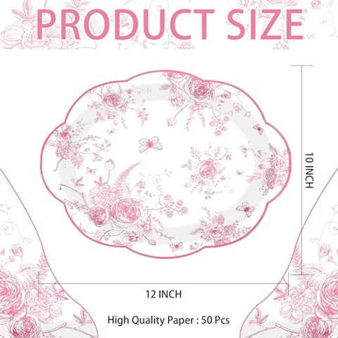 50Pcs Pink Floral Scalloped Oval Paper Plates - Grencian
