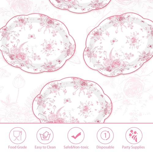 50Pcs Pink Floral Scalloped Oval Paper Plates - Grencian