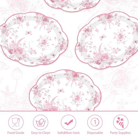 50Pcs Pink Floral Scalloped Oval Paper Plates - Grencian