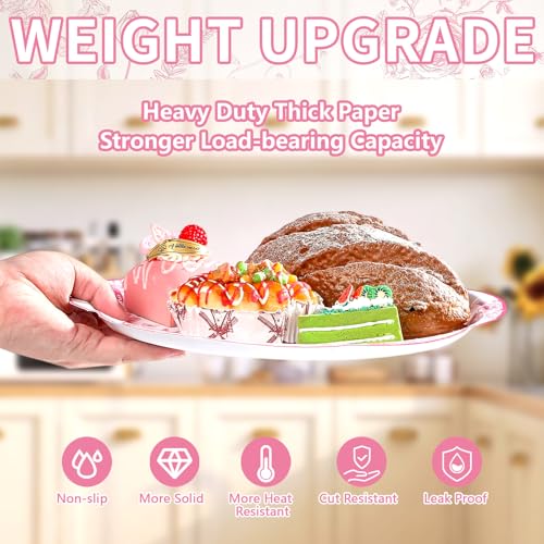 50Pcs Pink Floral Scalloped Oval Paper Plates - Grencian