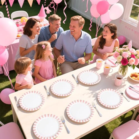 50 Pcs Pink White Stripe Party Paper Plates - Grencian