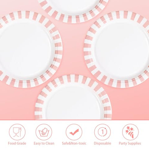 50 Pcs Pink White Stripe Party Paper Plates - Grencian