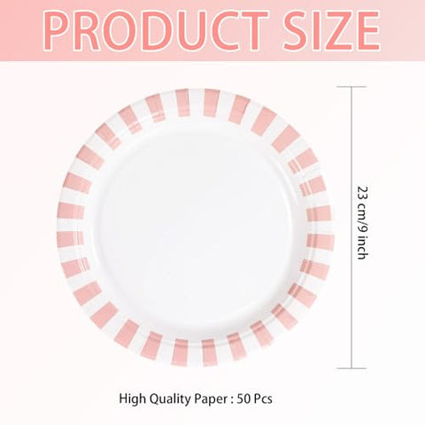 50 Pcs Pink White Stripe Party Paper Plates - Grencian
