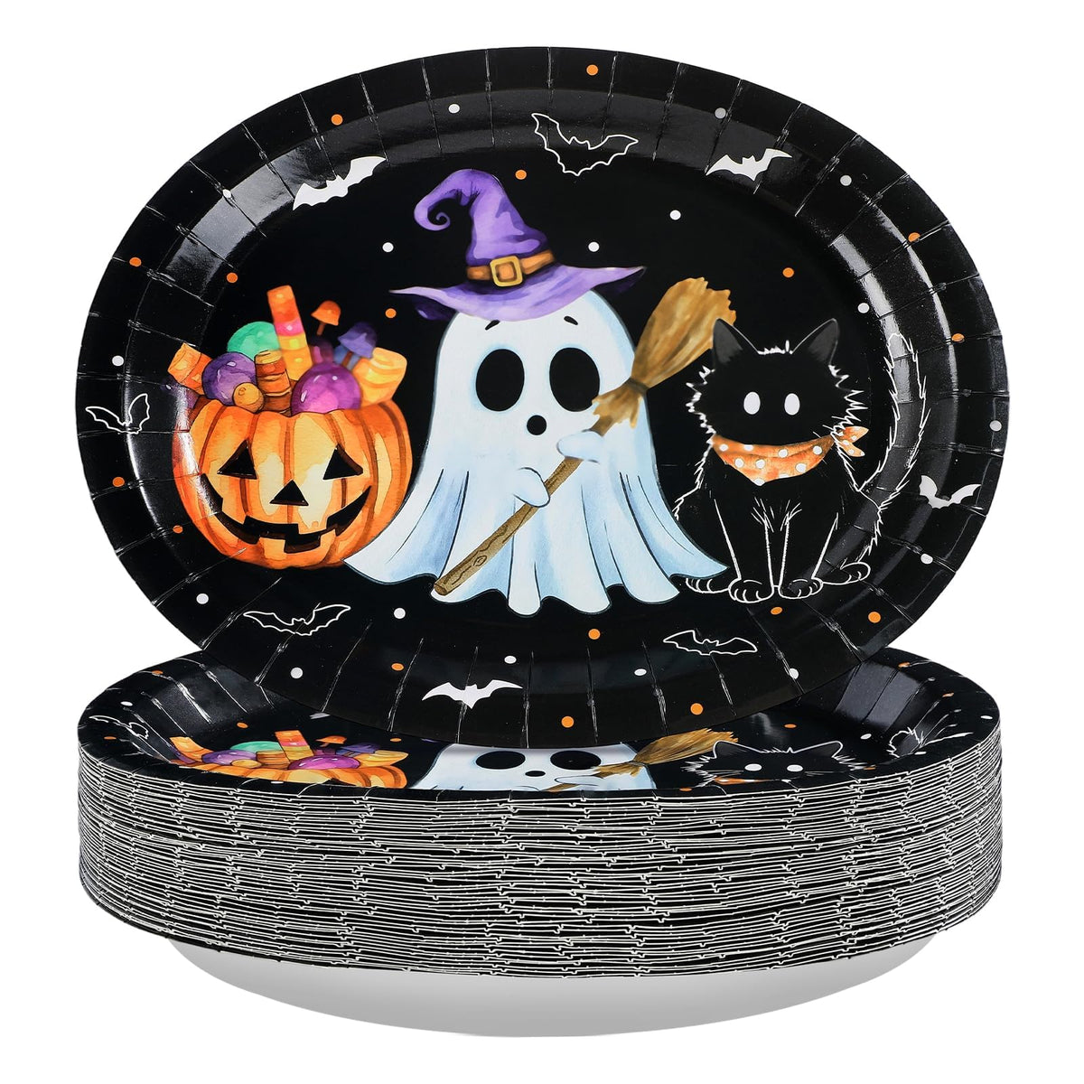 50Pcs Pumpkin Ghost Black Cat Oval Paper Plates