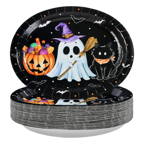 50Pcs Pumpkin Ghost Black Cat Oval Paper Plates