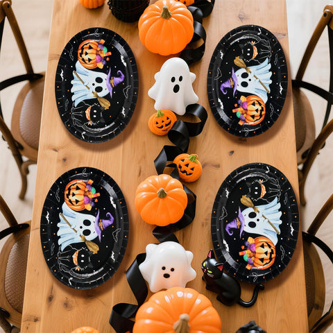 50Pcs Pumpkin Ghost Black Cat Oval Paper Plates