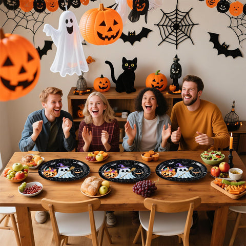 50Pcs Pumpkin Ghost Black Cat Oval Paper Plates