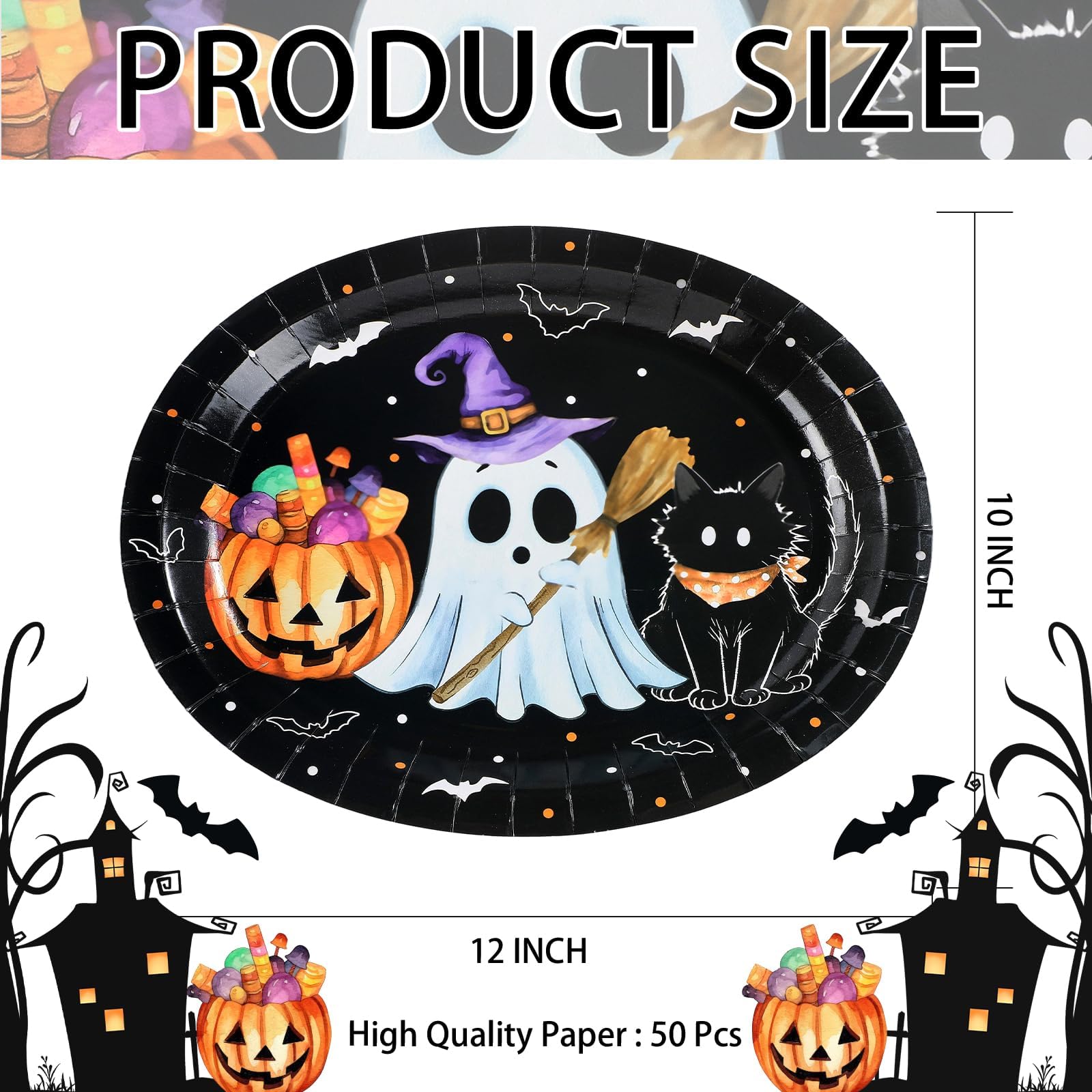 50Pcs Pumpkin Ghost Black Cat Oval Paper Plates