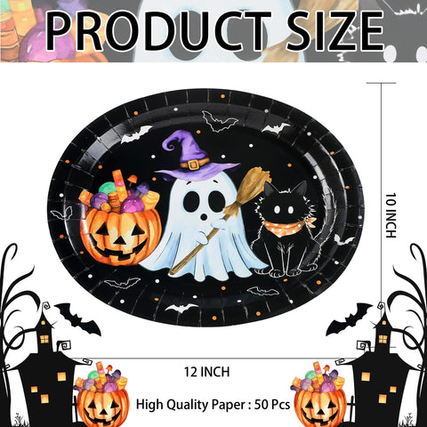 50Pcs Pumpkin Ghost Black Cat Oval Paper Plates