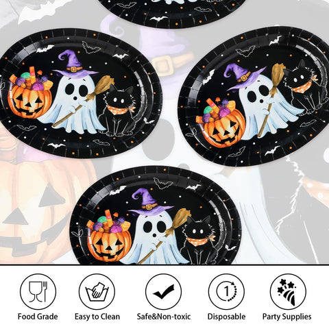 50Pcs Pumpkin Ghost Black Cat Oval Paper Plates