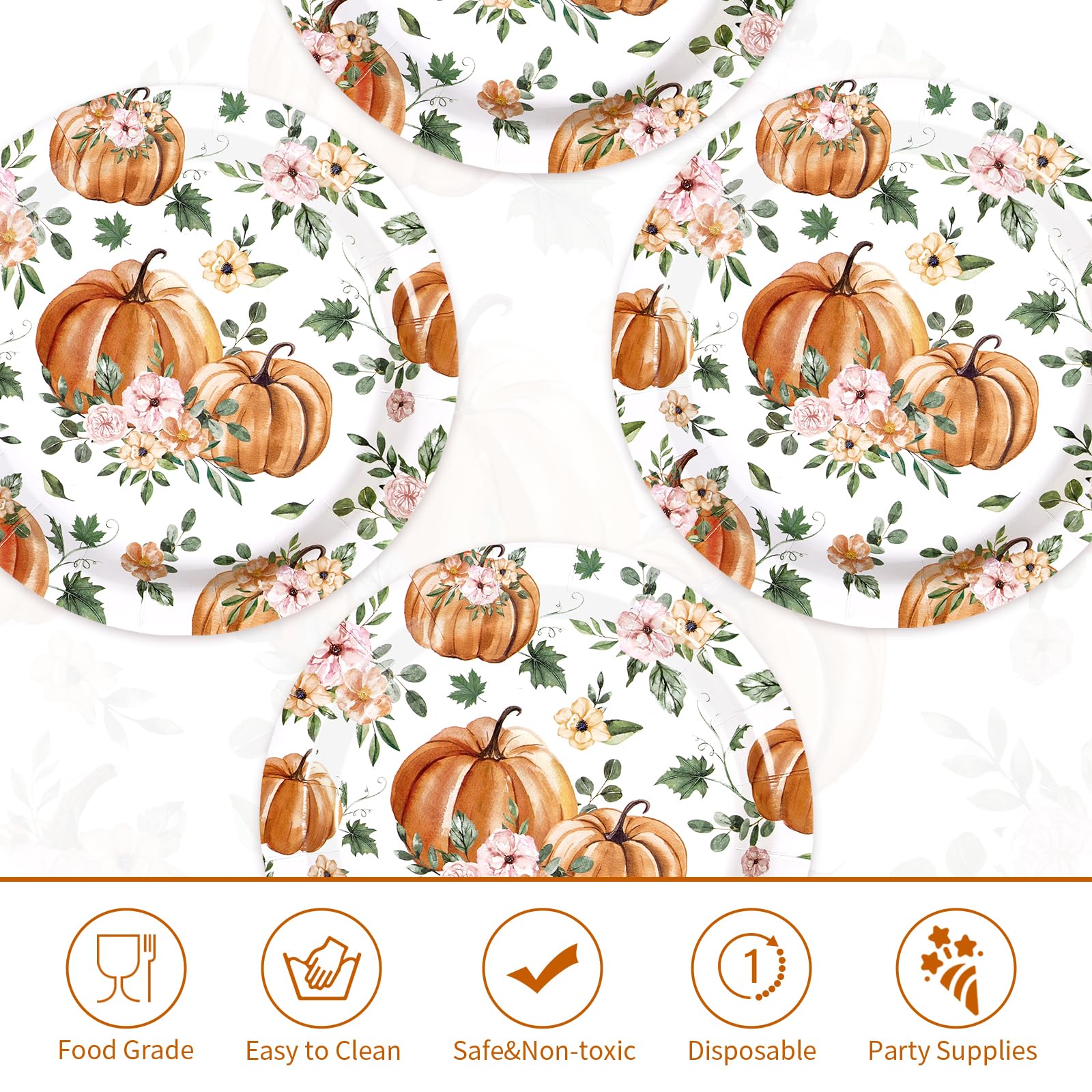 50 Pcs Pumpkin and Flower Party Paper Plates - Grencian