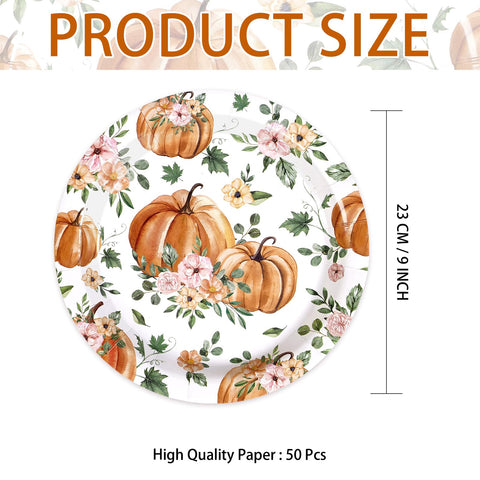 50 Pcs Pumpkin and Flower Party Paper Plates - Grencian