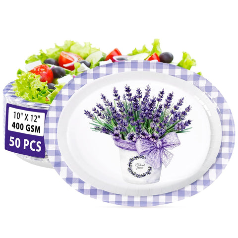 50 Pcs Purple Lavender Oval Party Paper Plates - Grencian