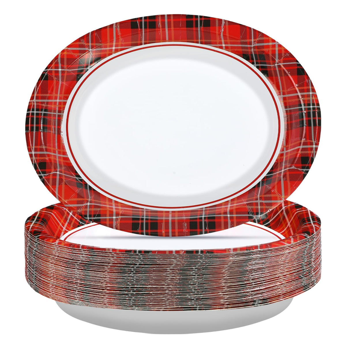 50Pcs Red Black Gingham Oval Paper Plates