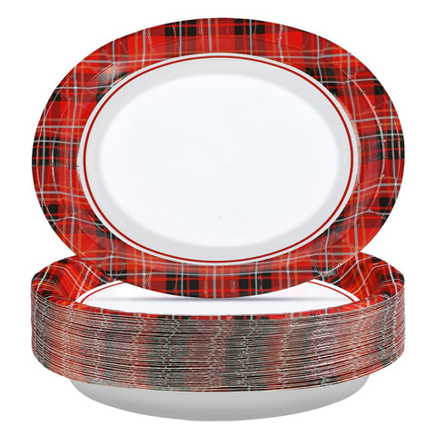 50Pcs Red Black Gingham Oval Paper Plates
