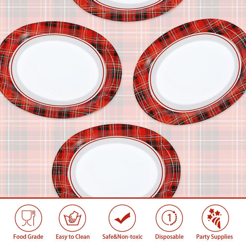 50Pcs Red Black Gingham Oval Paper Plates