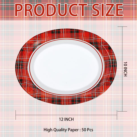50Pcs Red Black Gingham Oval Paper Plates