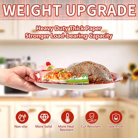 50Pcs Red Black Gingham Oval Paper Plates