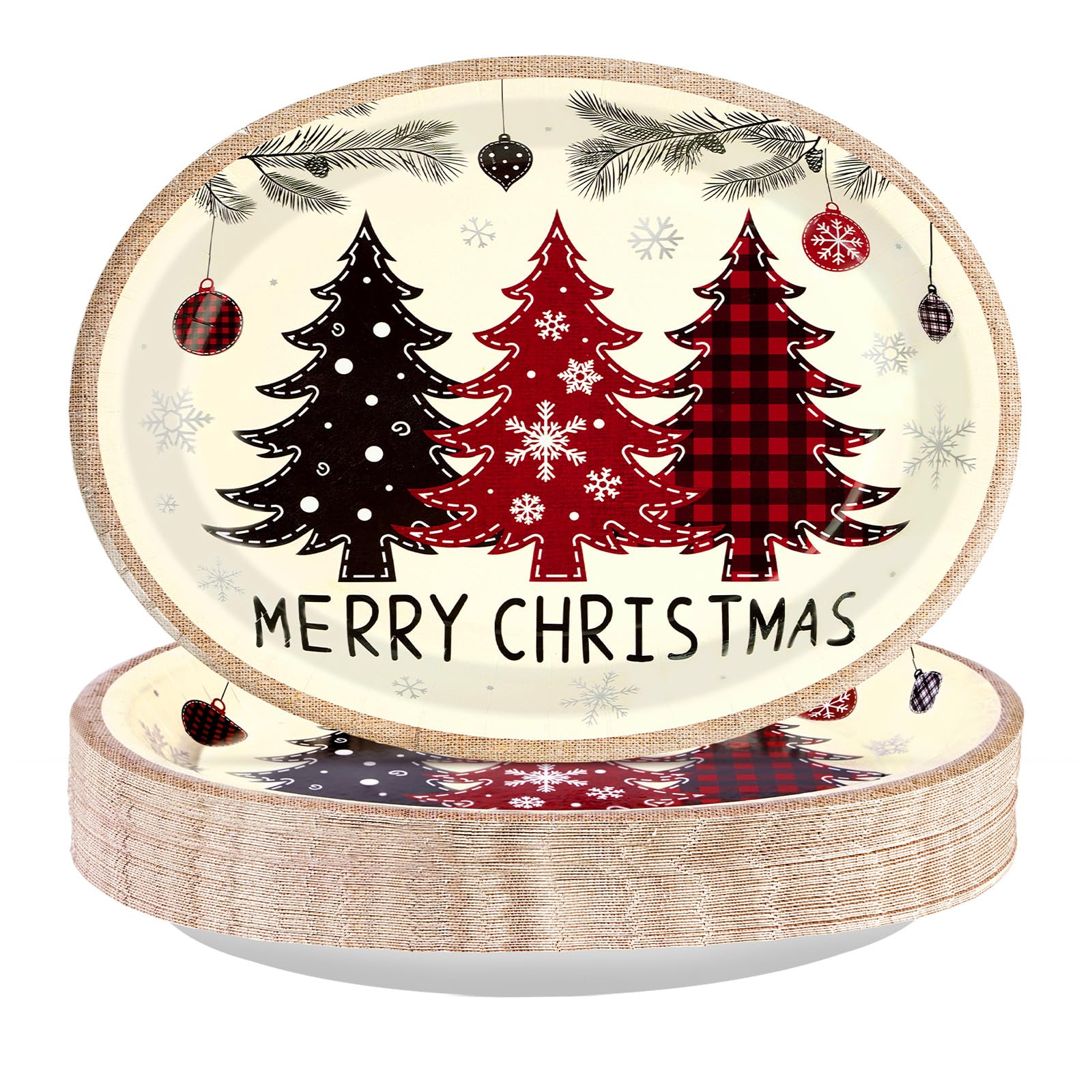 50 Pcs Red Black Xmas Tree Oval Paper Plates - Grencian