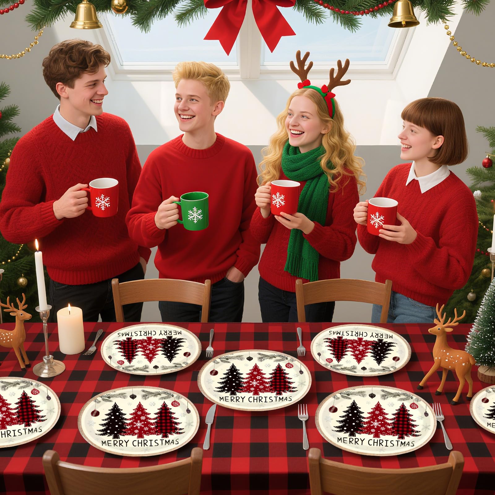 50 Pcs Red Black Xmas Tree Oval Paper Plates - Grencian