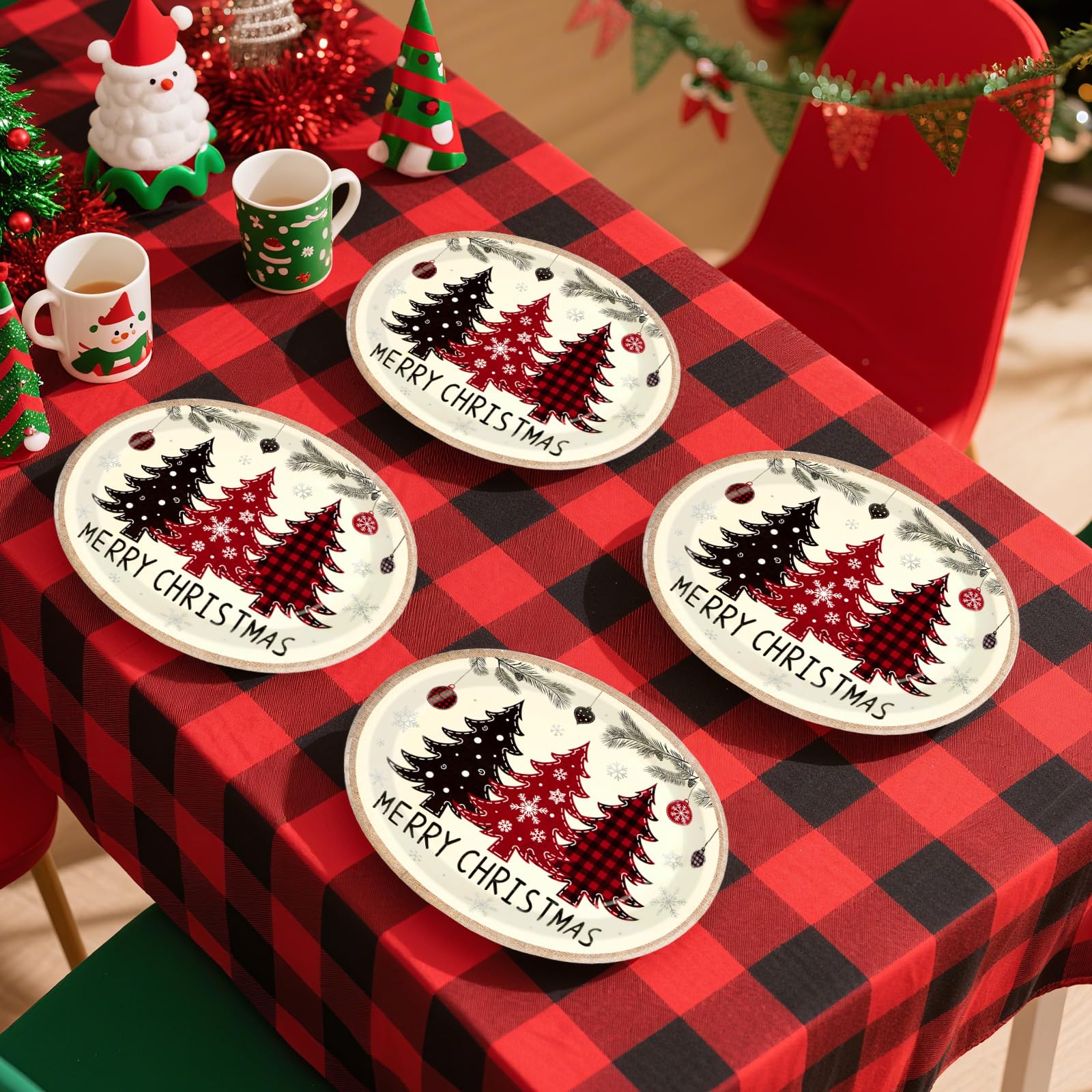 50 Pcs Red Black Xmas Tree Oval Paper Plates - Grencian