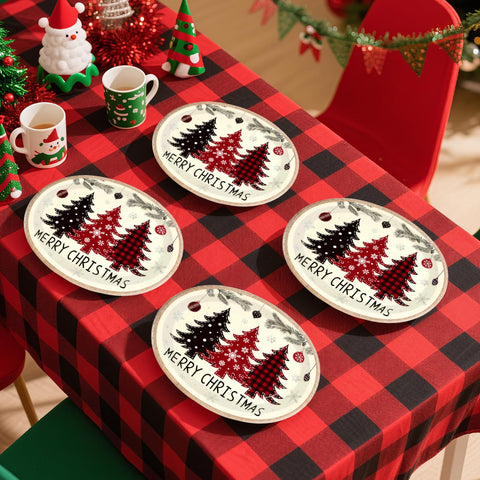 50 Pcs Red Black Xmas Tree Oval Paper Plates - Grencian