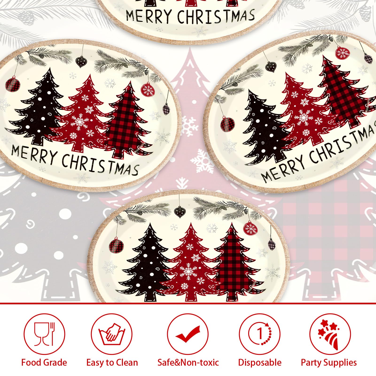 50 Pcs Red Black Xmas Tree Oval Paper Plates - Grencian