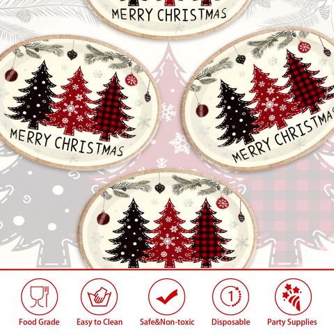 50 Pcs Red Black Xmas Tree Oval Paper Plates - Grencian
