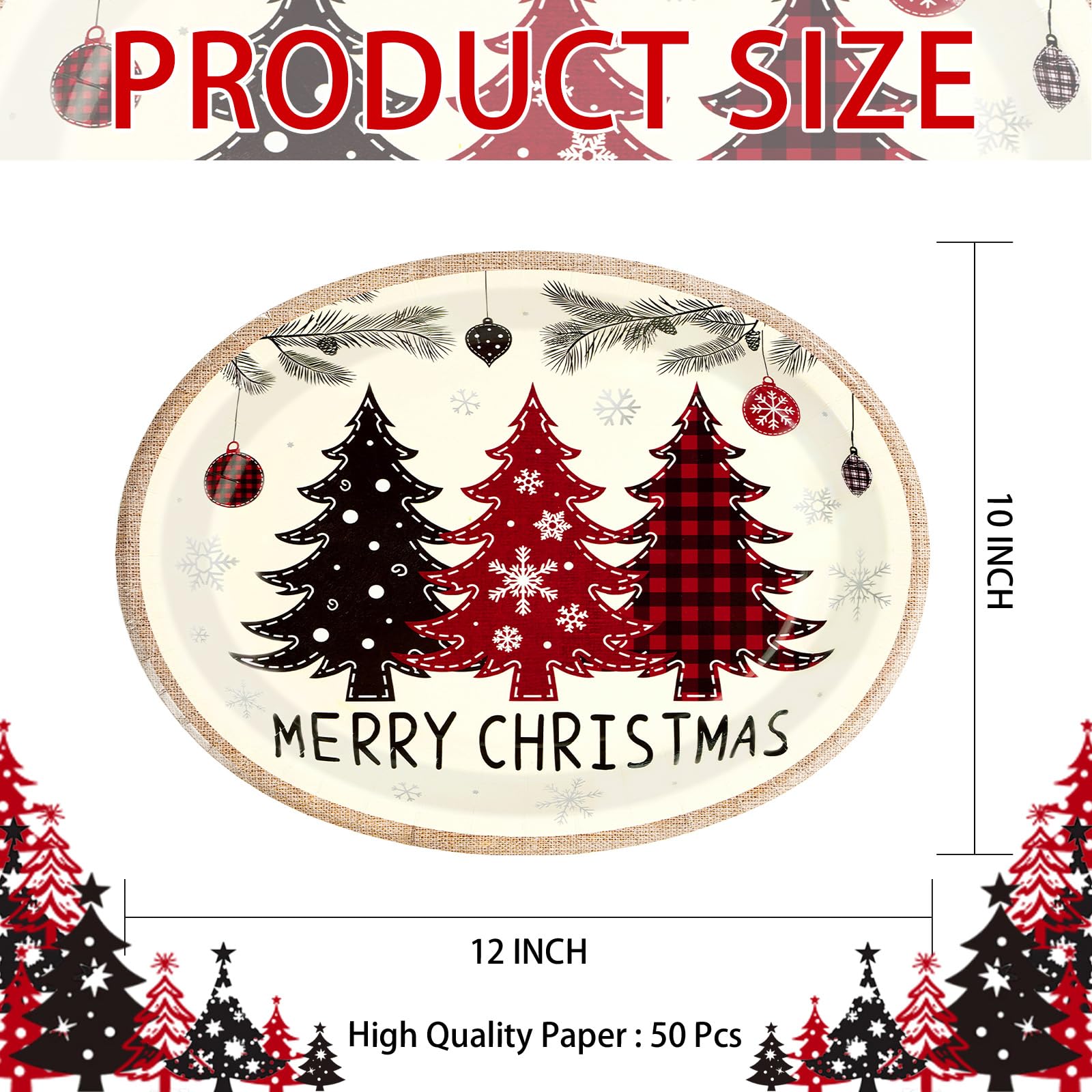 50 Pcs Red Black Xmas Tree Oval Paper Plates - Grencian