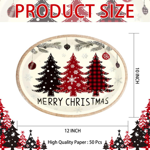 50 Pcs Red Black Xmas Tree Oval Paper Plates - Grencian
