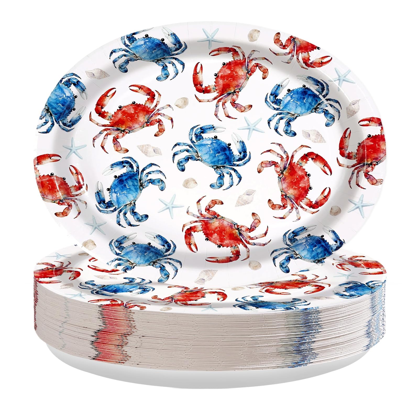 50 Pcs Red Blue Crabs Oval Party Paper Plates - Grencian