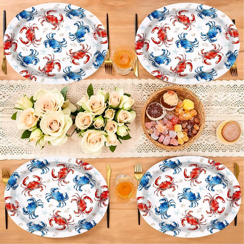50 Pcs Red Blue Crabs Oval Party Paper Plates - Grencian