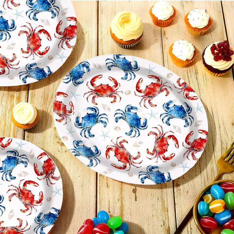 50 Pcs Red Blue Crabs Oval Party Paper Plates - Grencian