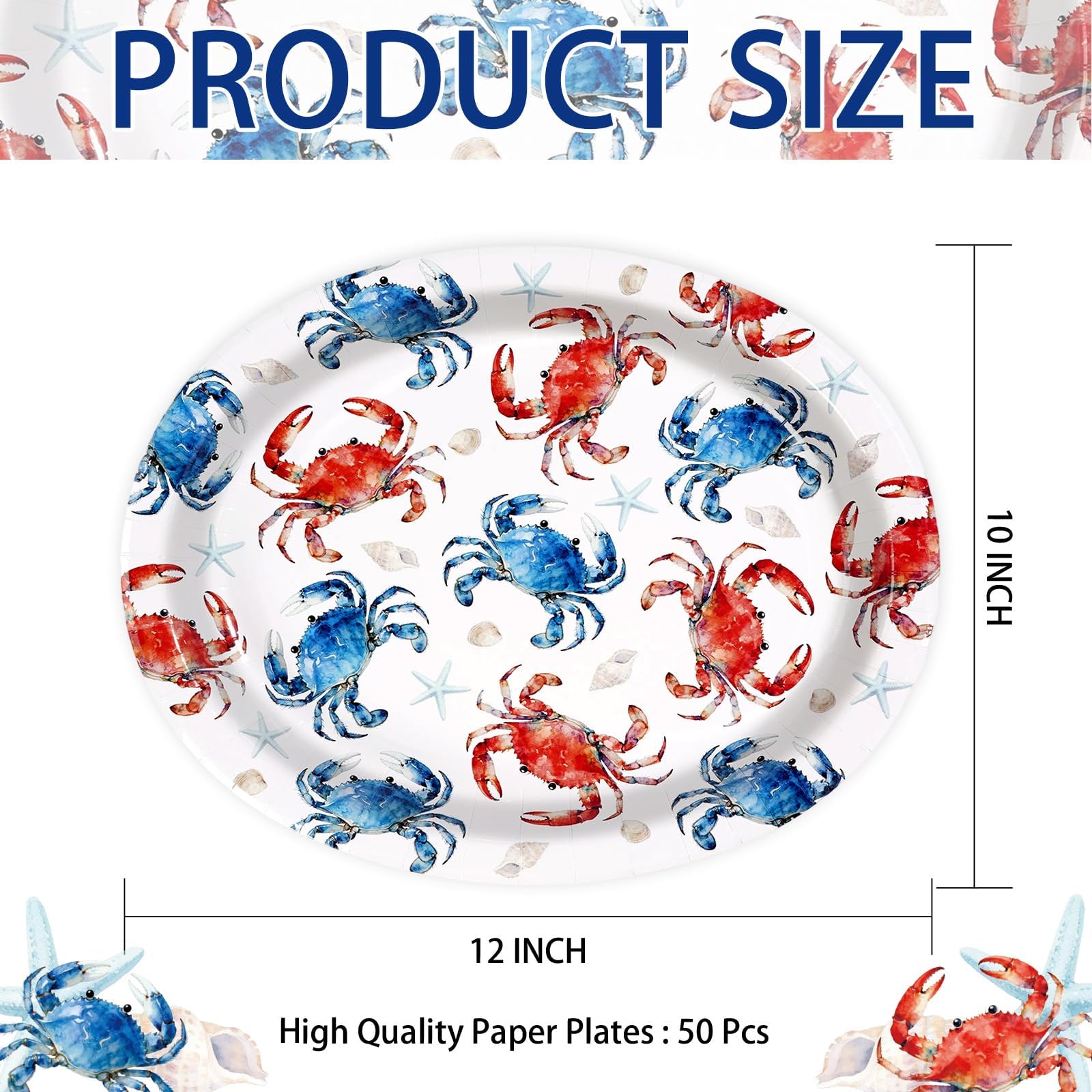50 Pcs Red Blue Crabs Oval Party Paper Plates - Grencian