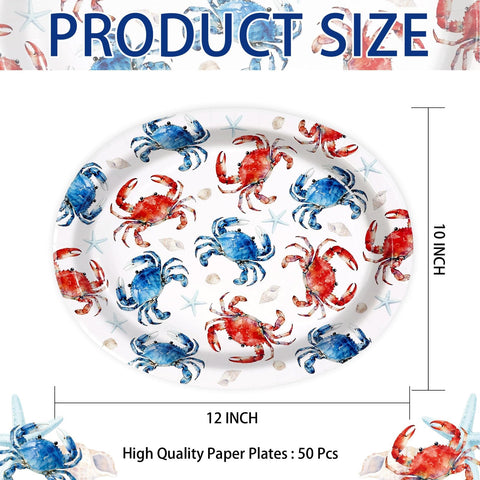 50 Pcs Red Blue Crabs Oval Party Paper Plates - Grencian