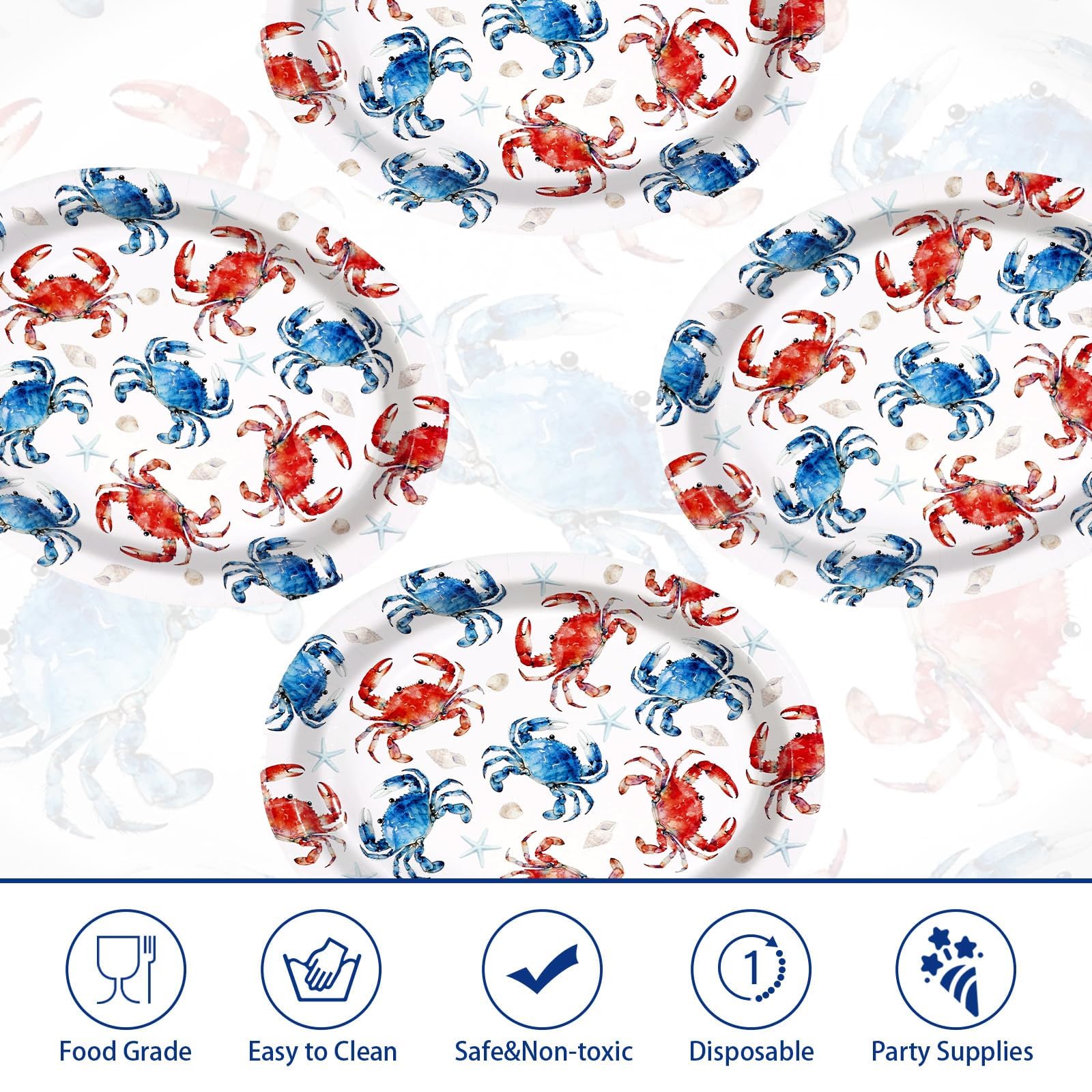 50 Pcs Red Blue Crabs Oval Party Paper Plates - Grencian