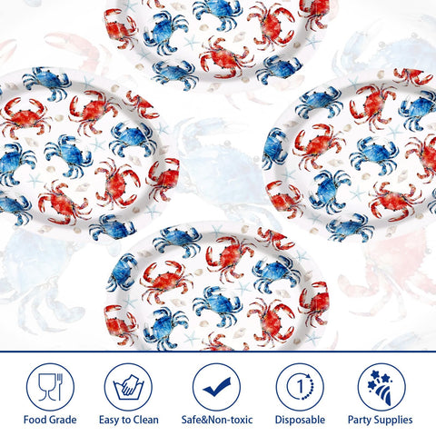 50 Pcs Red Blue Crabs Oval Party Paper Plates - Grencian