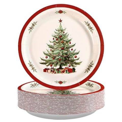 50 Pcs Red Border Christmas Trees Party Paper Plates - Grencian
