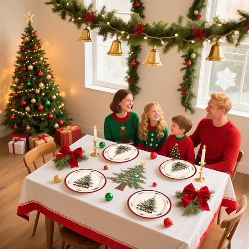 50 Pcs Red Border Christmas Trees Party Paper Plates - Grencian