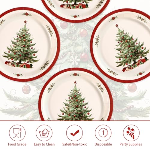 50 Pcs Red Border Christmas Trees Party Paper Plates - Grencian